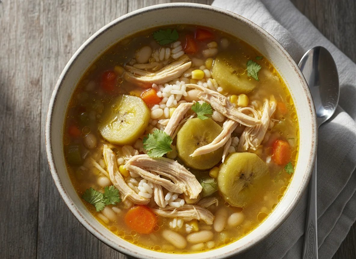 Sopa de arroz con pollo y plátano verde photo