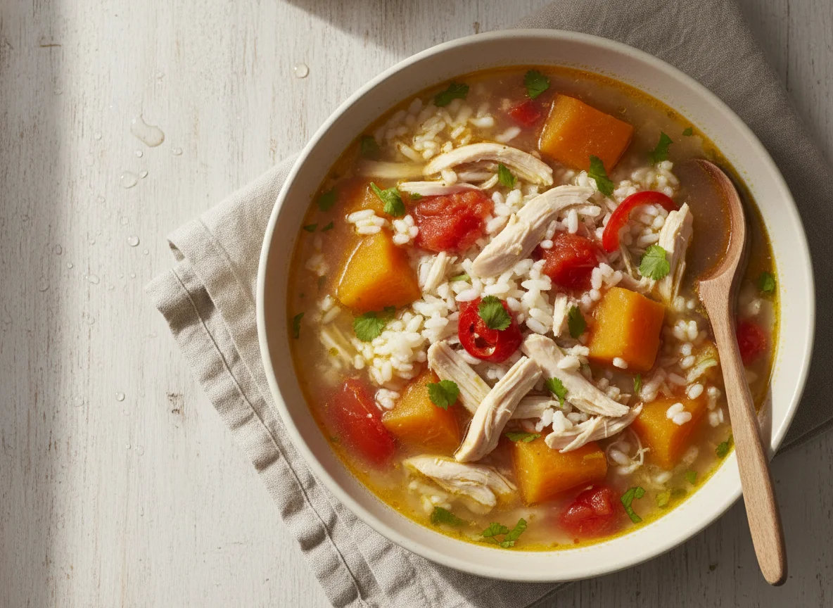 Sopa de arroz con pollo y verduras photo