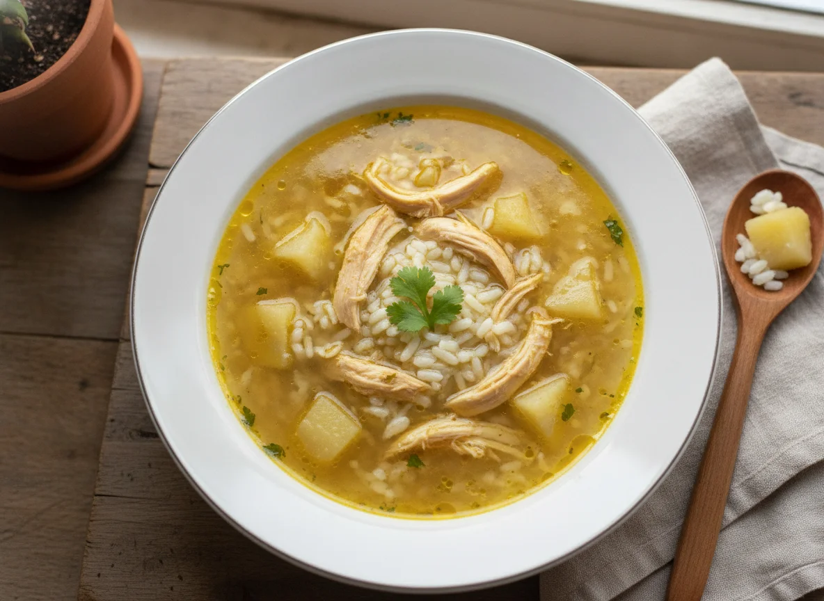 Sopa de arroz con yuca y pollo photo