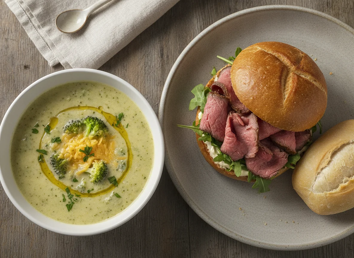 Sopa de brócoli con queso y sándwich de carne asada photo