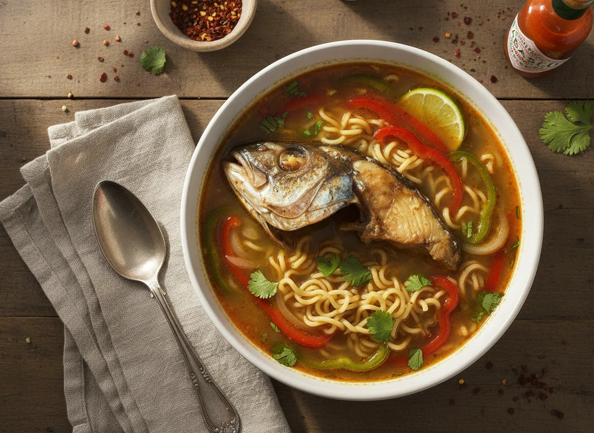 Sopa de cabeza de pescado con fideos photo