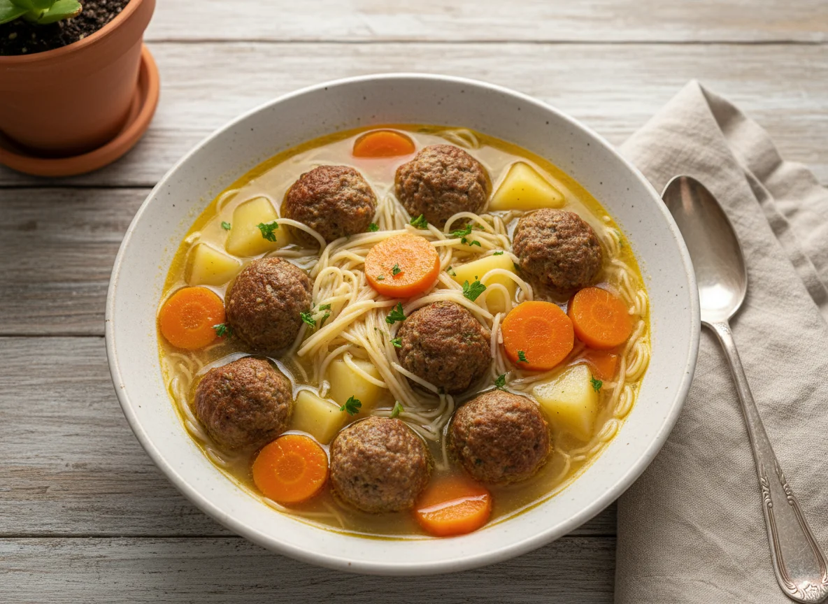 Sopa de caldo con albóndigas, zanahorias y fideos photo
