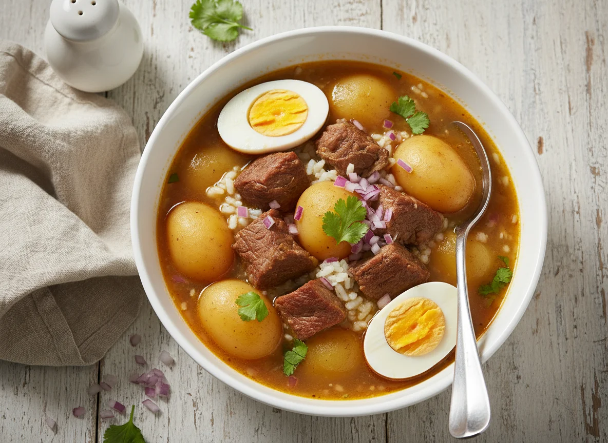 Sopa de carne con arroz y papas photo