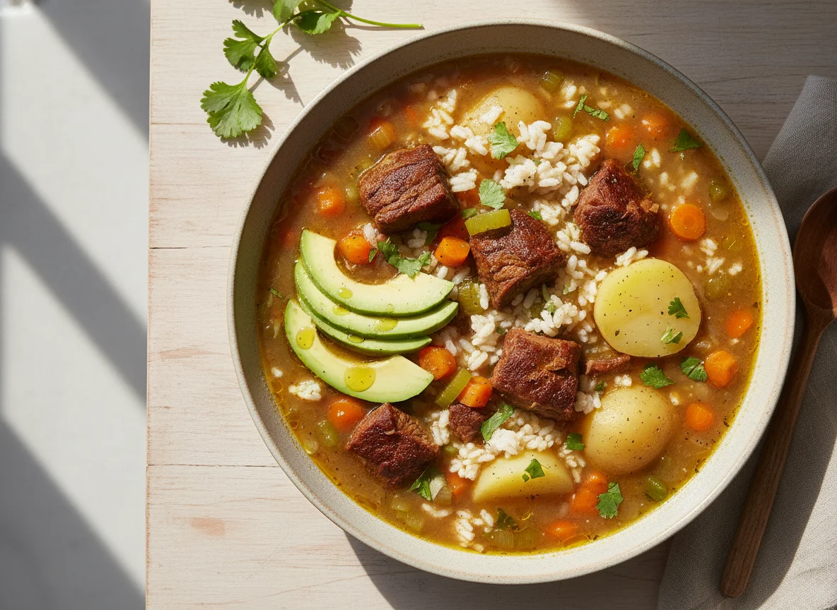 Sopa de carne con arroz y patatas con aguacate photo