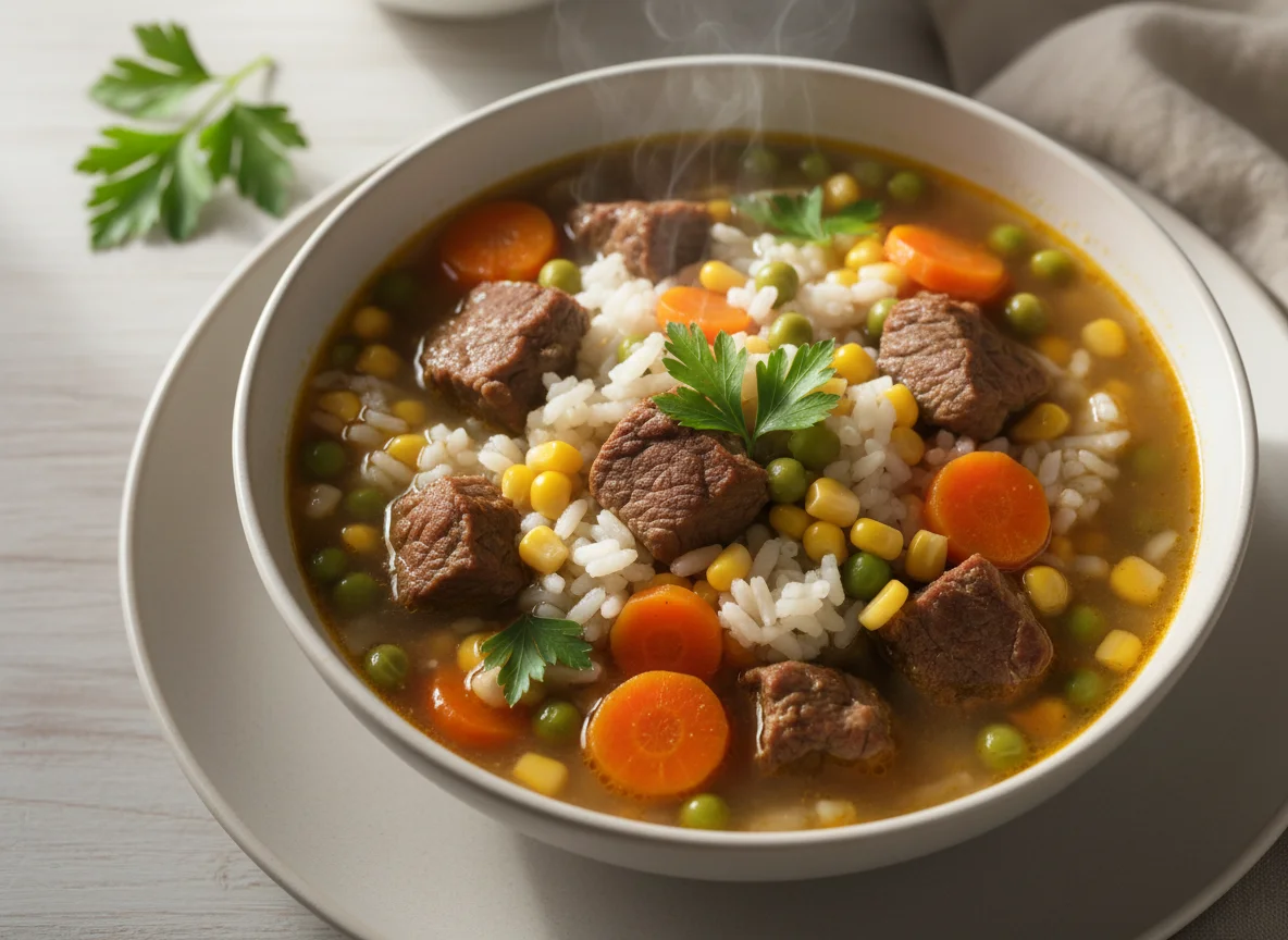 Sopa de carne con arroz y verduras photo