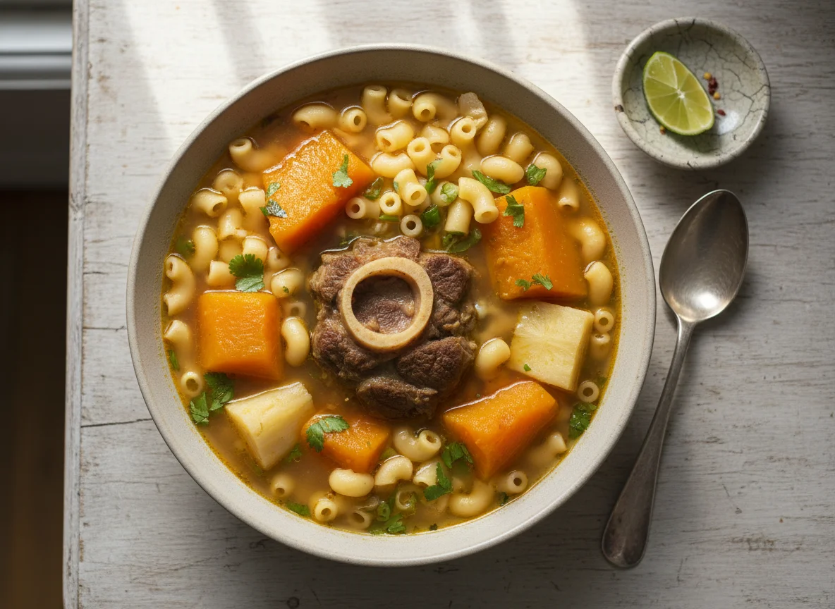 Sopa de carne con fideos y calabaza photo
