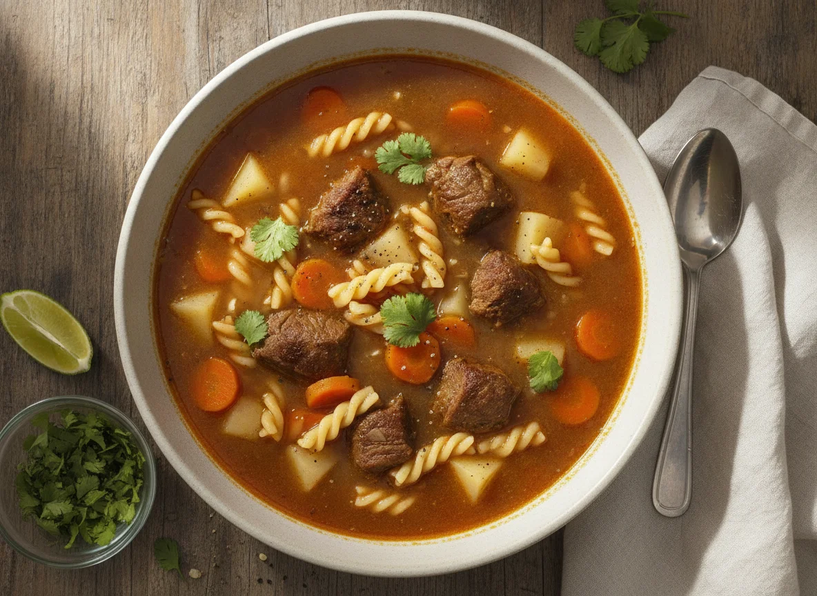 Sopa de carne con fideos y verduras photo