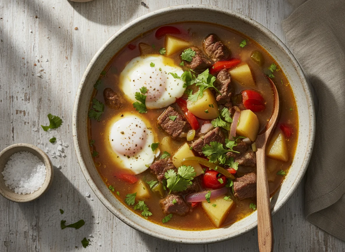 Sopa de carne con huevo y verduras photo