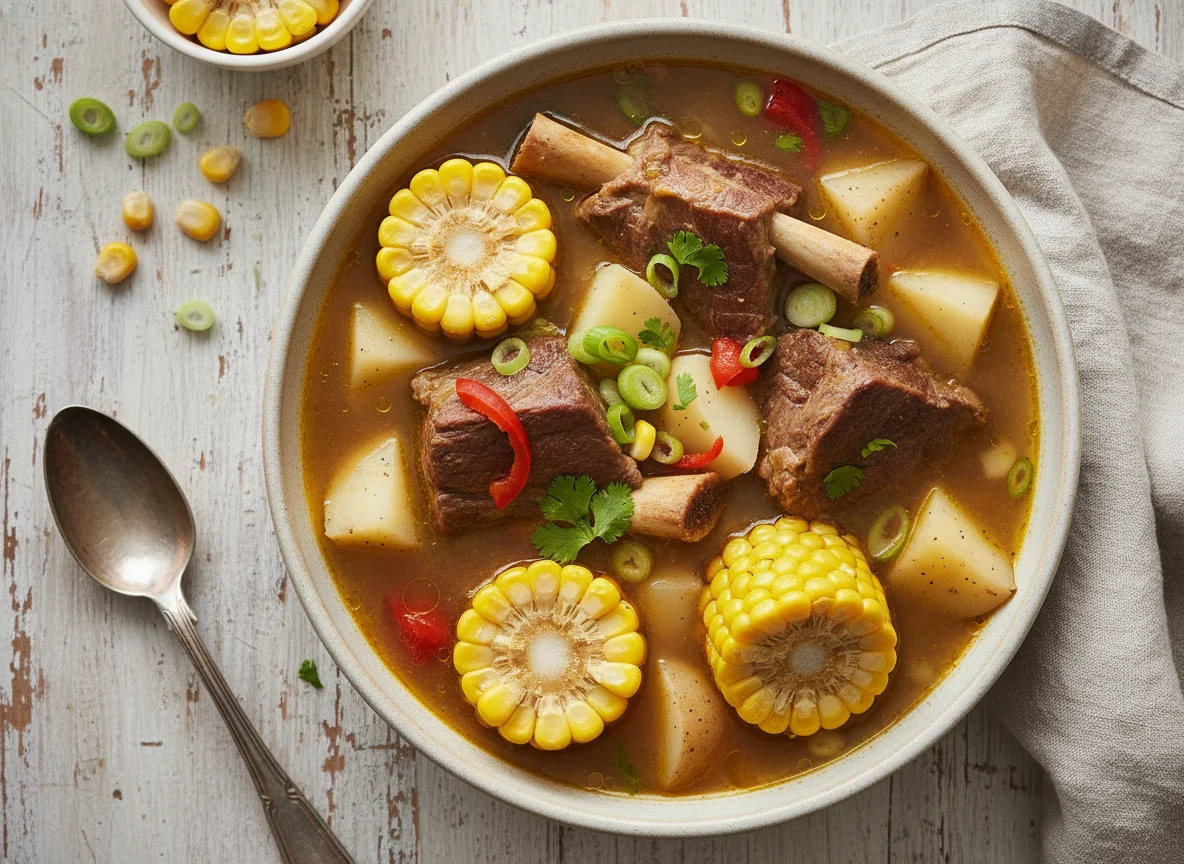 Sopa de carne con maíz y papa photo