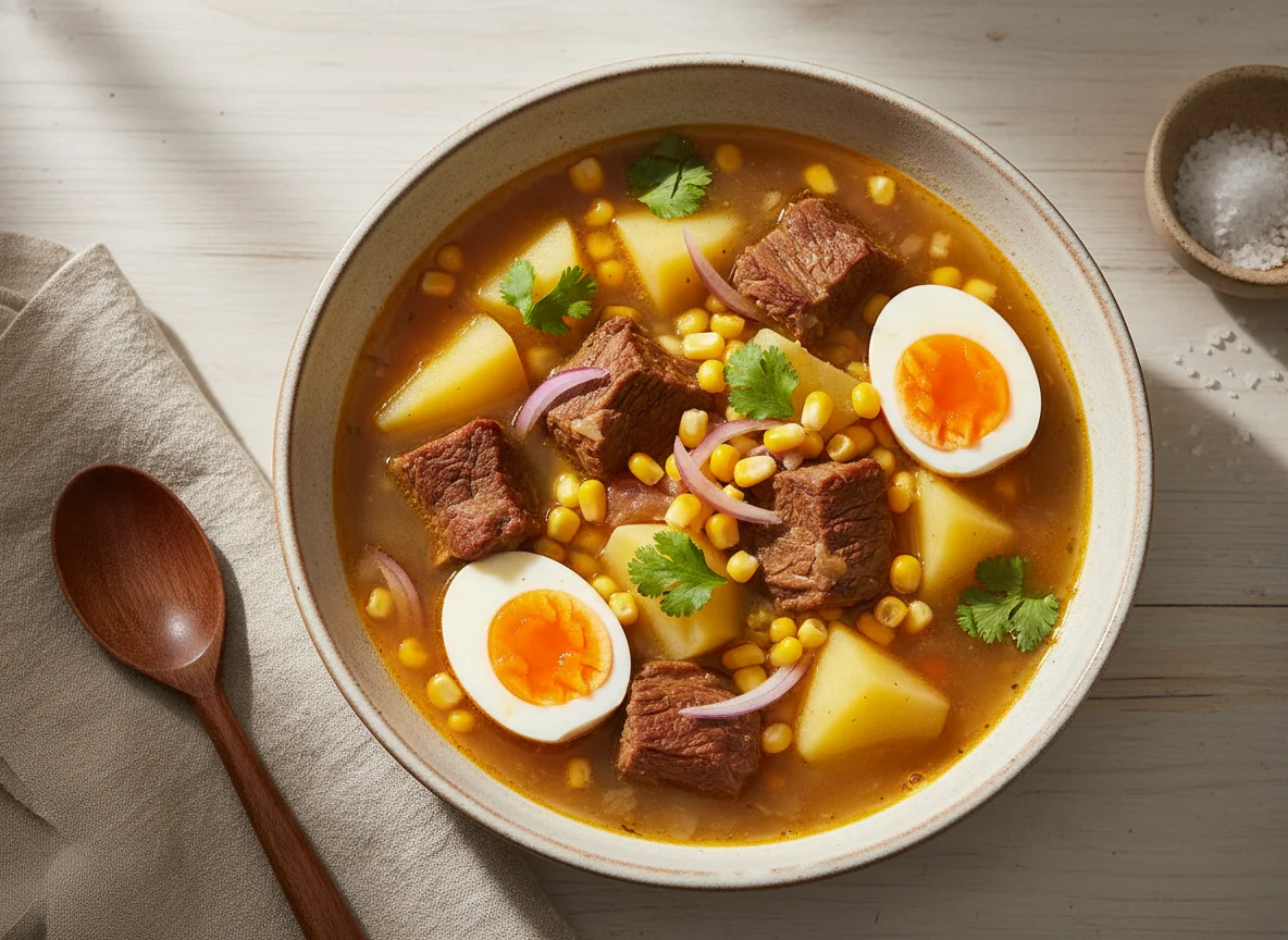 Sopa de carne con papa y huevo photo