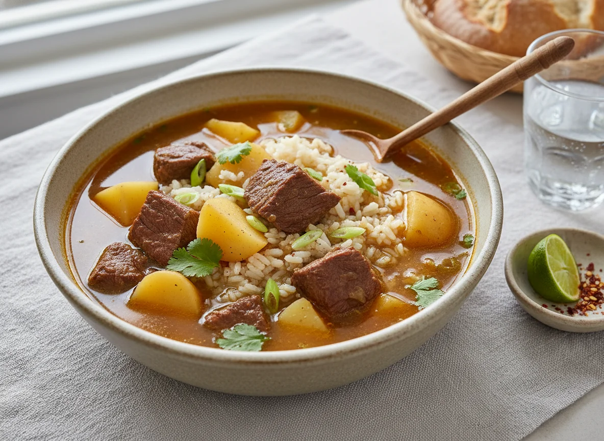 Sopa de carne con papas y arroz photo