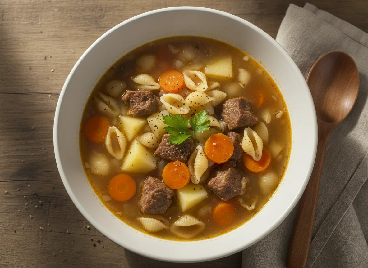Sopa de carne con pasta y verduras photo