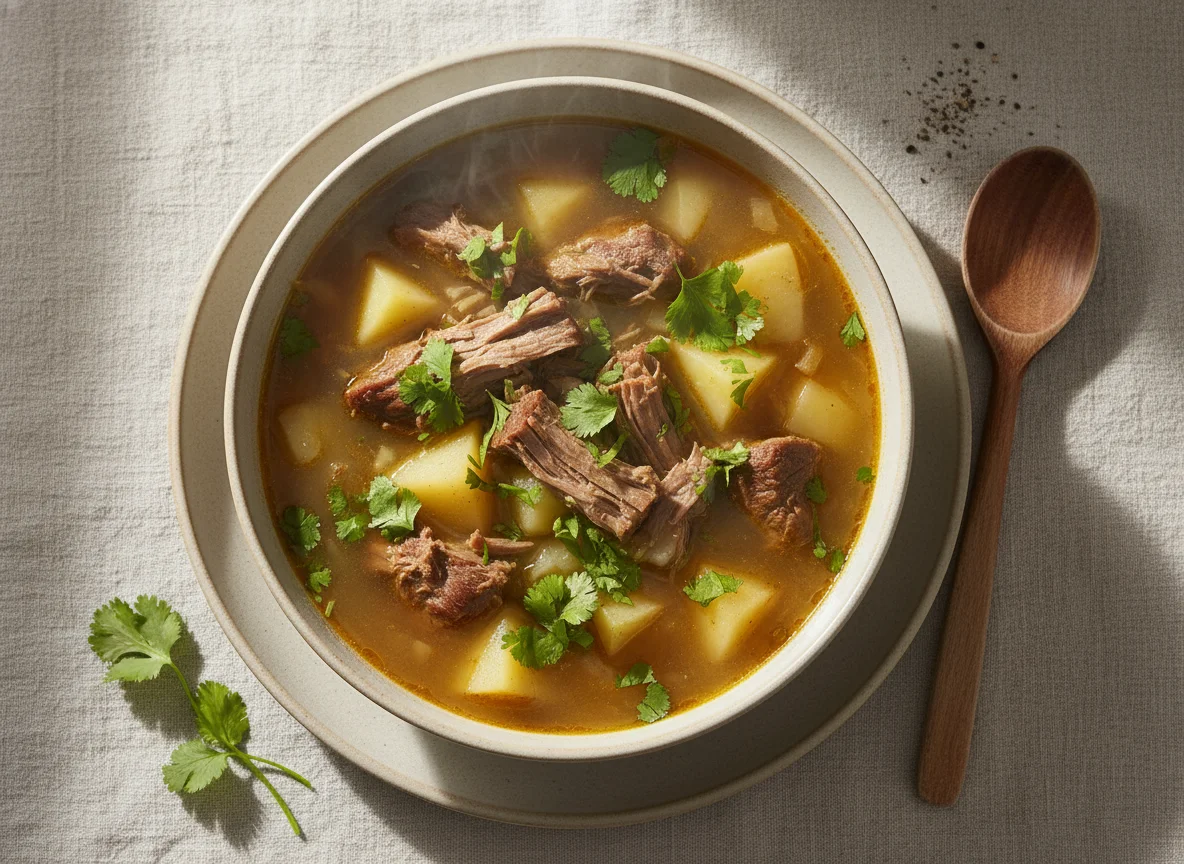 Sopa de carne con patatas y cilantro photo