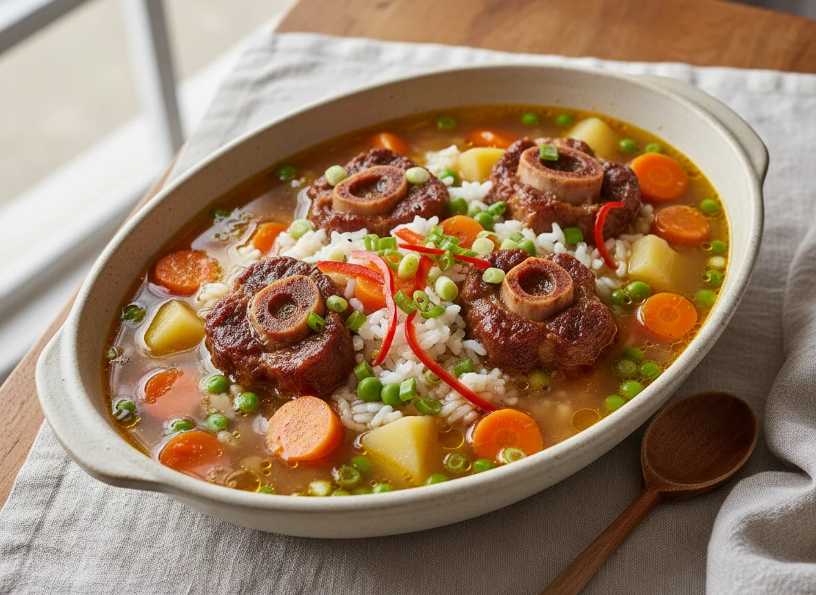 Sopa de cola con arroz y verduras photo