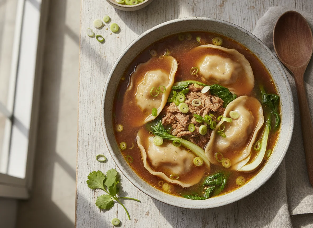 Sopa de dumplings con cerdo y cebollín photo