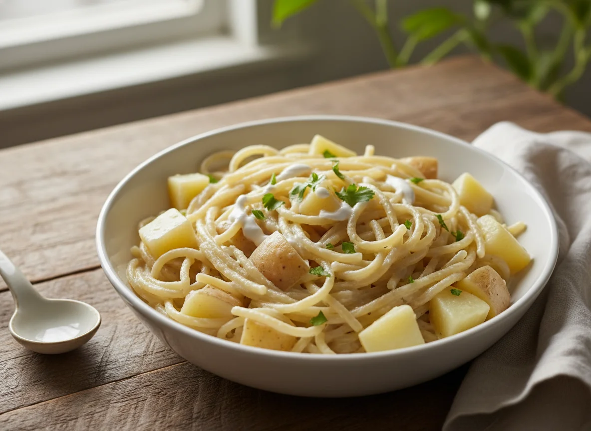 Sopa de fideo con crema y papa photo
