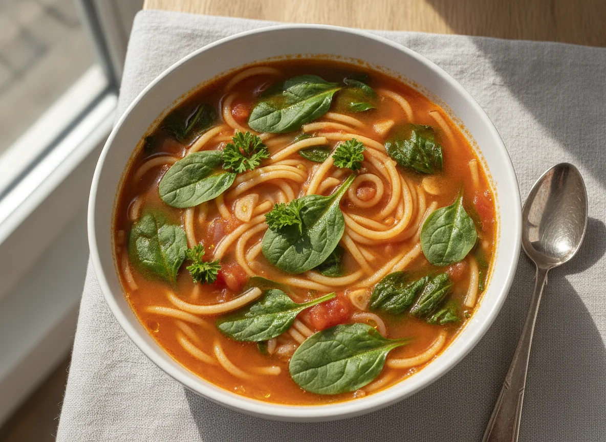 Sopa de fideo con espinacas photo