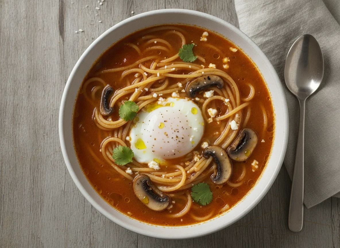 Sopa de fideo con huevo y champiñones photo