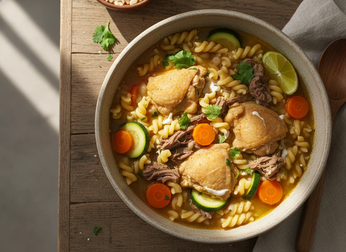 Sopa de fideo con pollo y carne de res photo