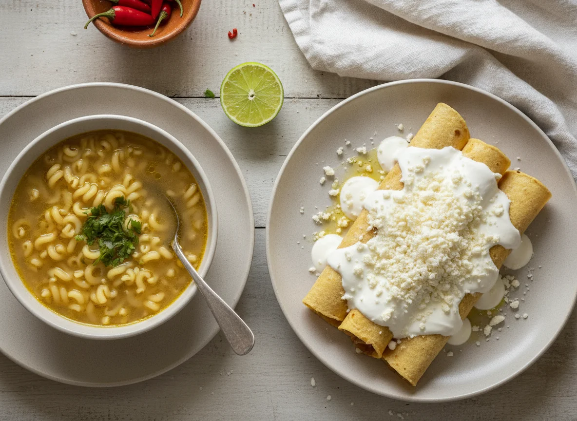 Sopa de fideo y Enchiladas con crema y queso photo