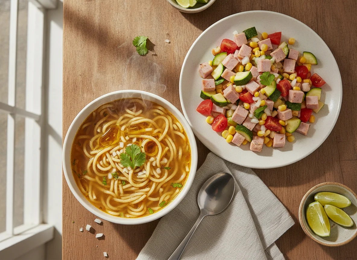 Sopa de fideo y ensalada de jamón con verduras photo