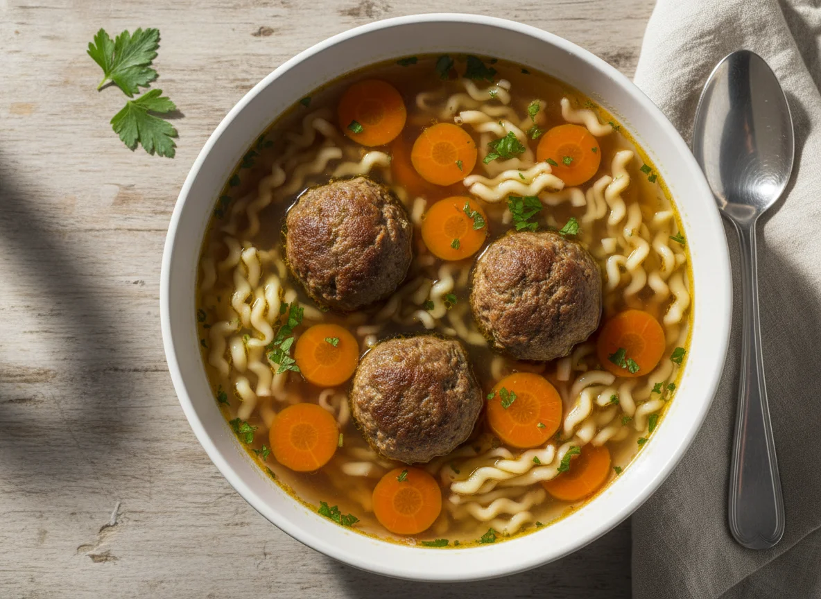 Sopa de fideos con albóndigas y zanahoria photo