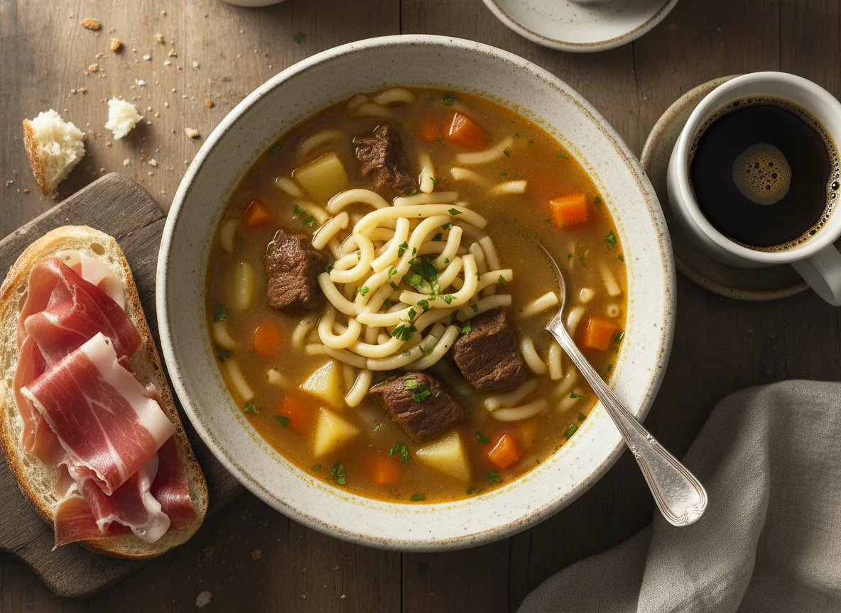 Sopa de fideos con carne, pan con jamón y café photo