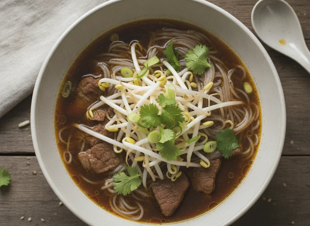 Sopa de fideos con carne y brotes photo