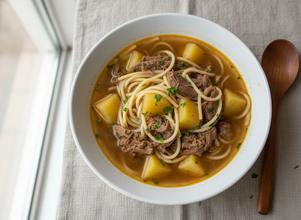 Sopa de fideos con carne y patatas photo