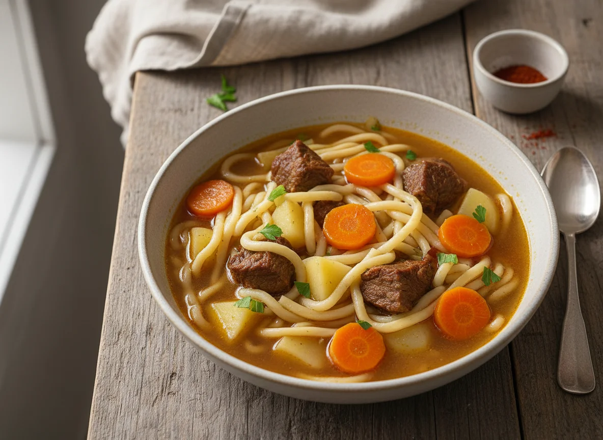 Sopa de fideos con carne y verduras photo