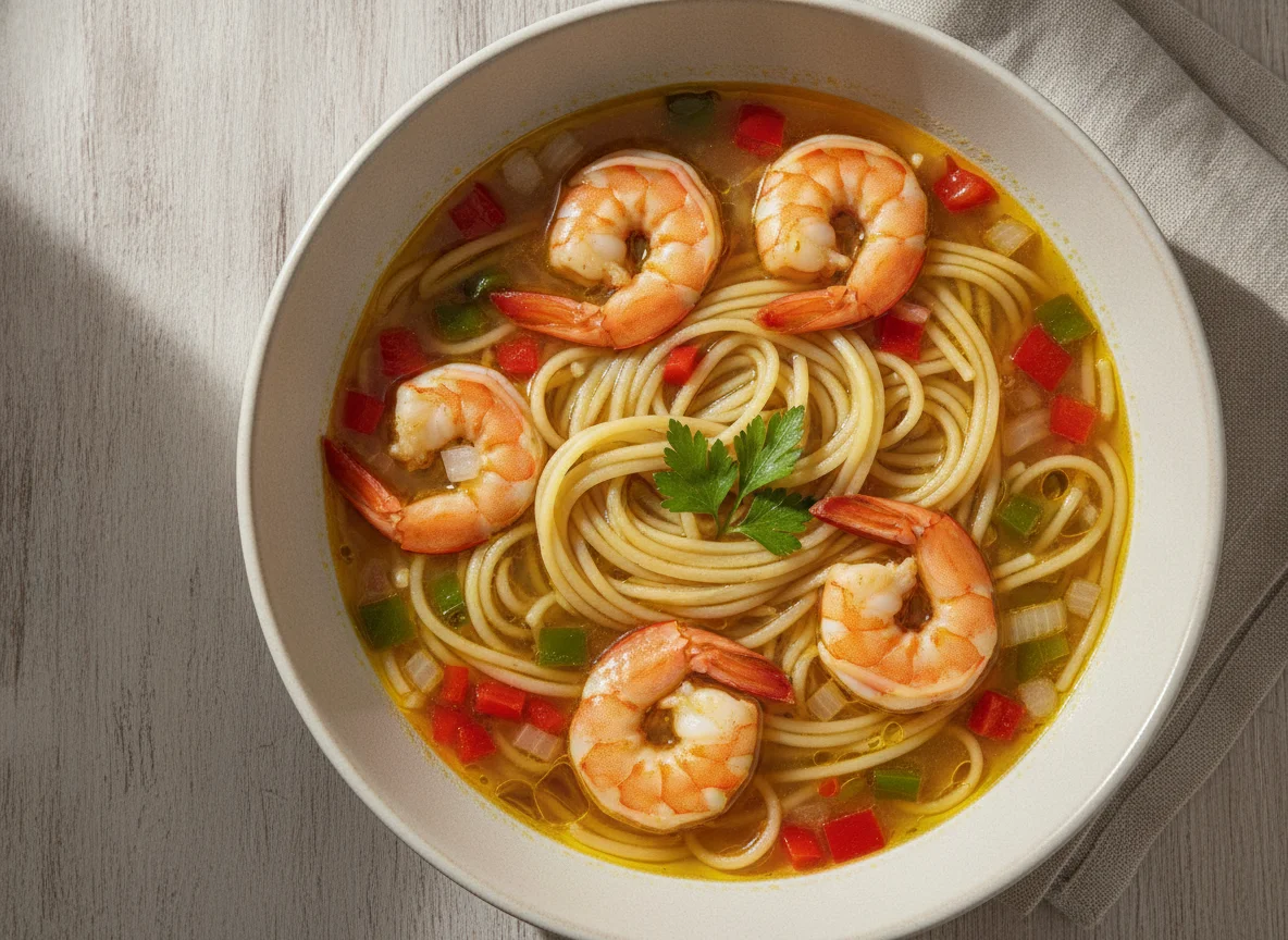 Sopa de fideos con gambas photo