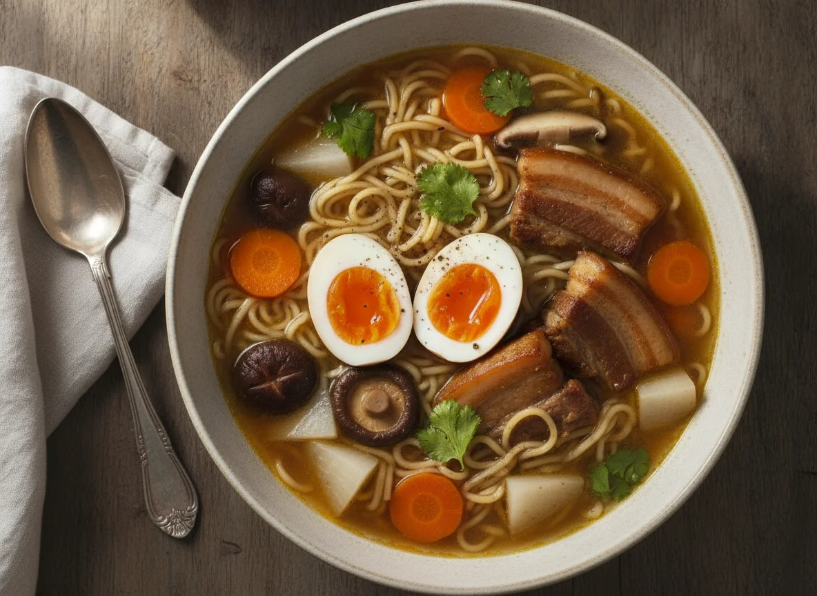 Sopa de fideos con huevo, carne y verduras photo