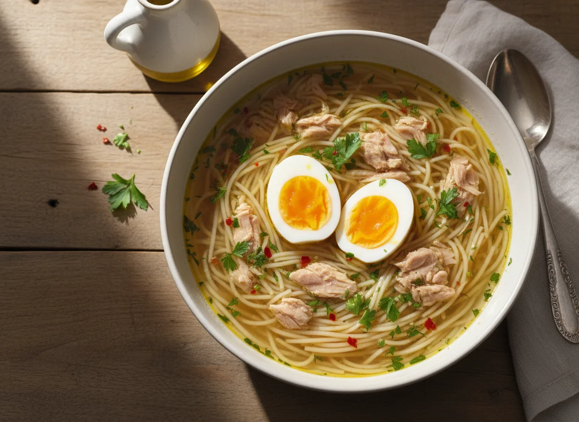 Sopa de fideos con huevo y atún photo