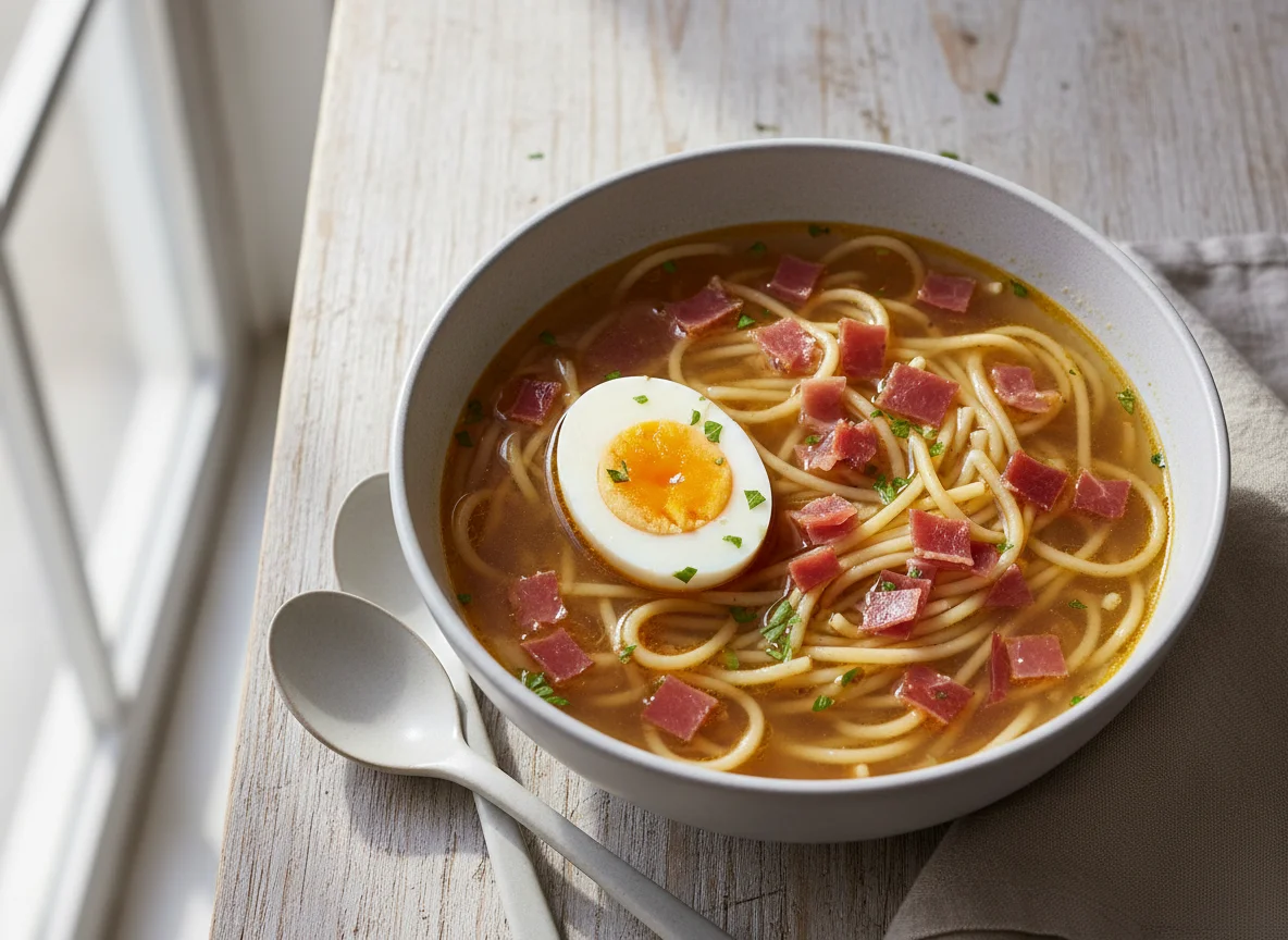 Sopa de fideos con huevo y jamón photo