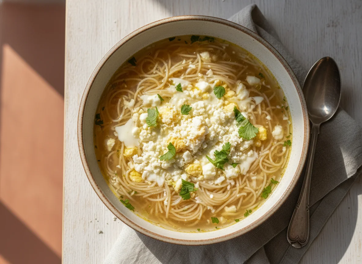 Sopa de fideos con huevo y queso photo