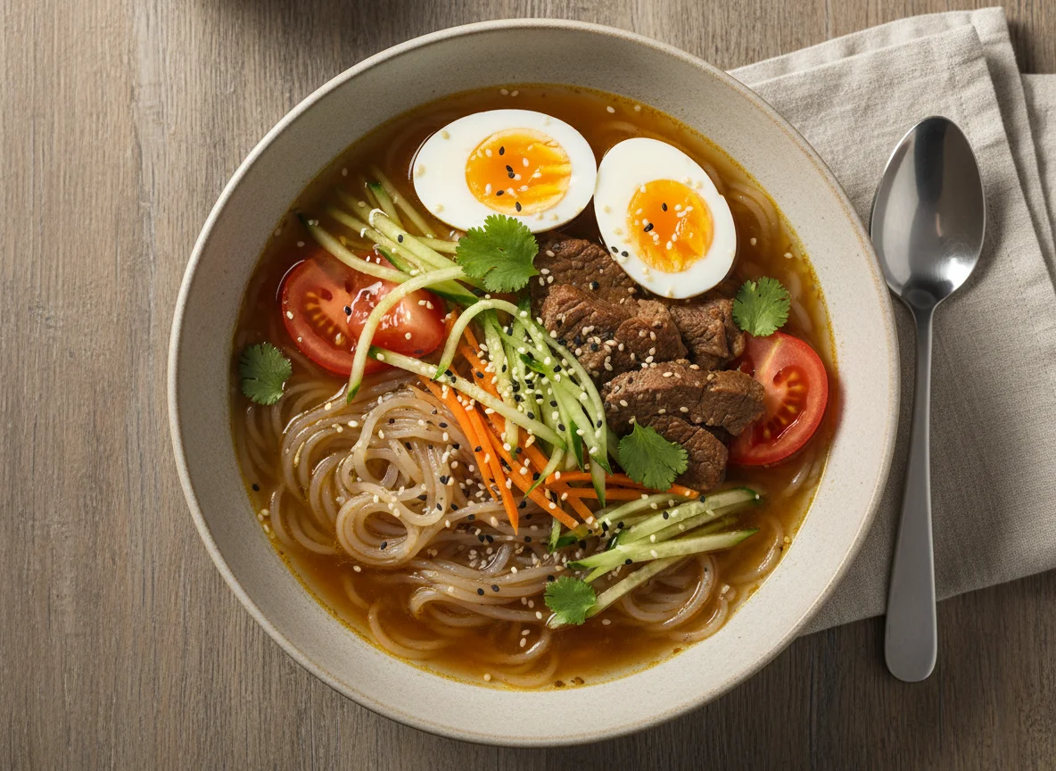 Sopa de fideos con huevo y ternera photo