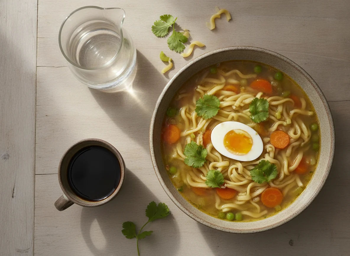 Sopa de fideos con huevo y vegetales photo