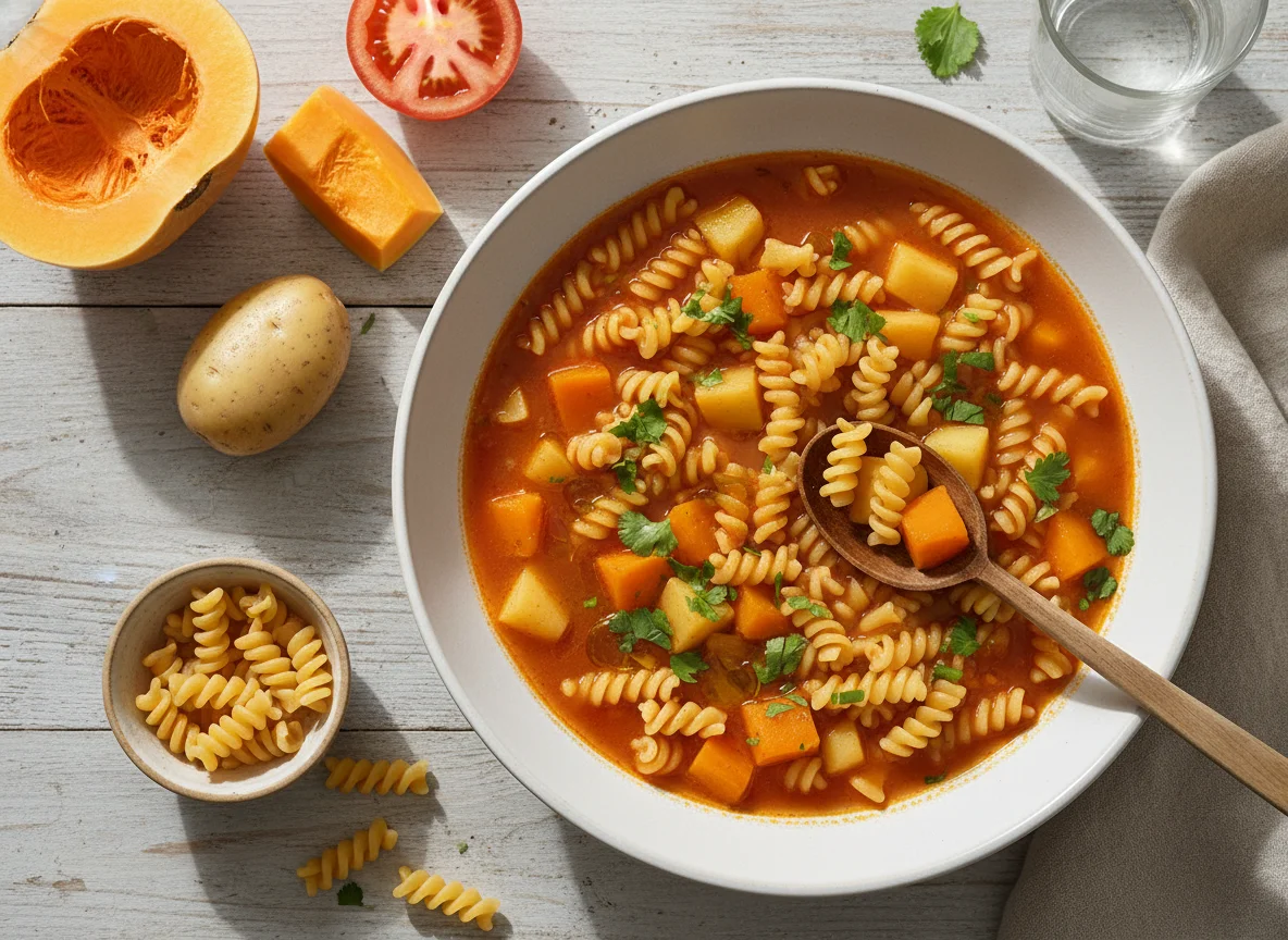 Sopa de fideos con papas y calabaza photo
