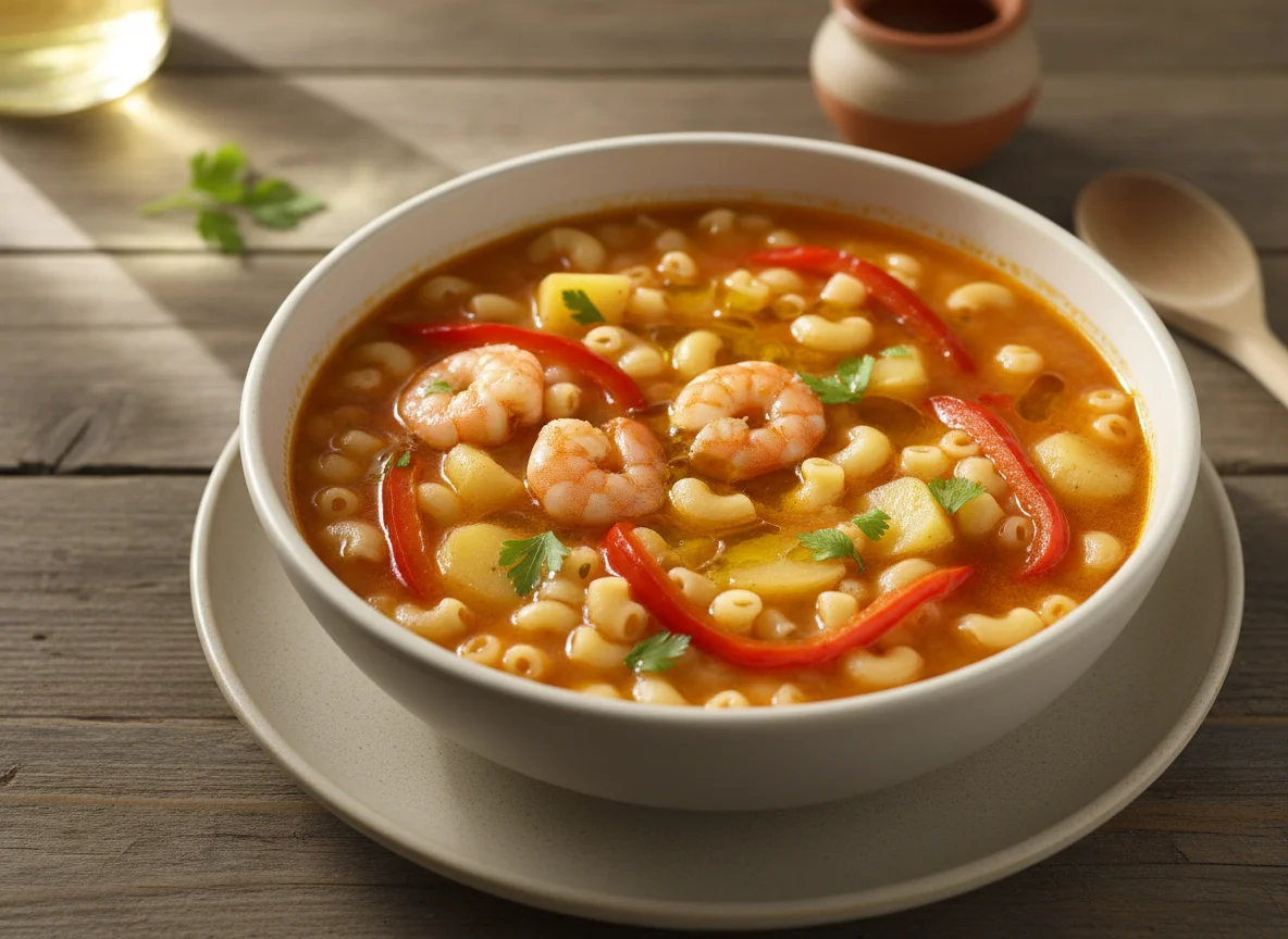 Sopa de fideos con patatas y gambas photo