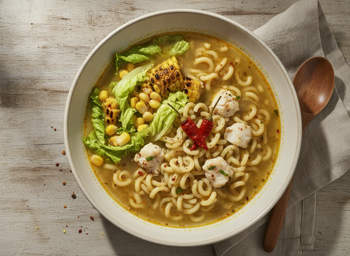 Sopa de fideos con pescado, maíz y lechuga photo