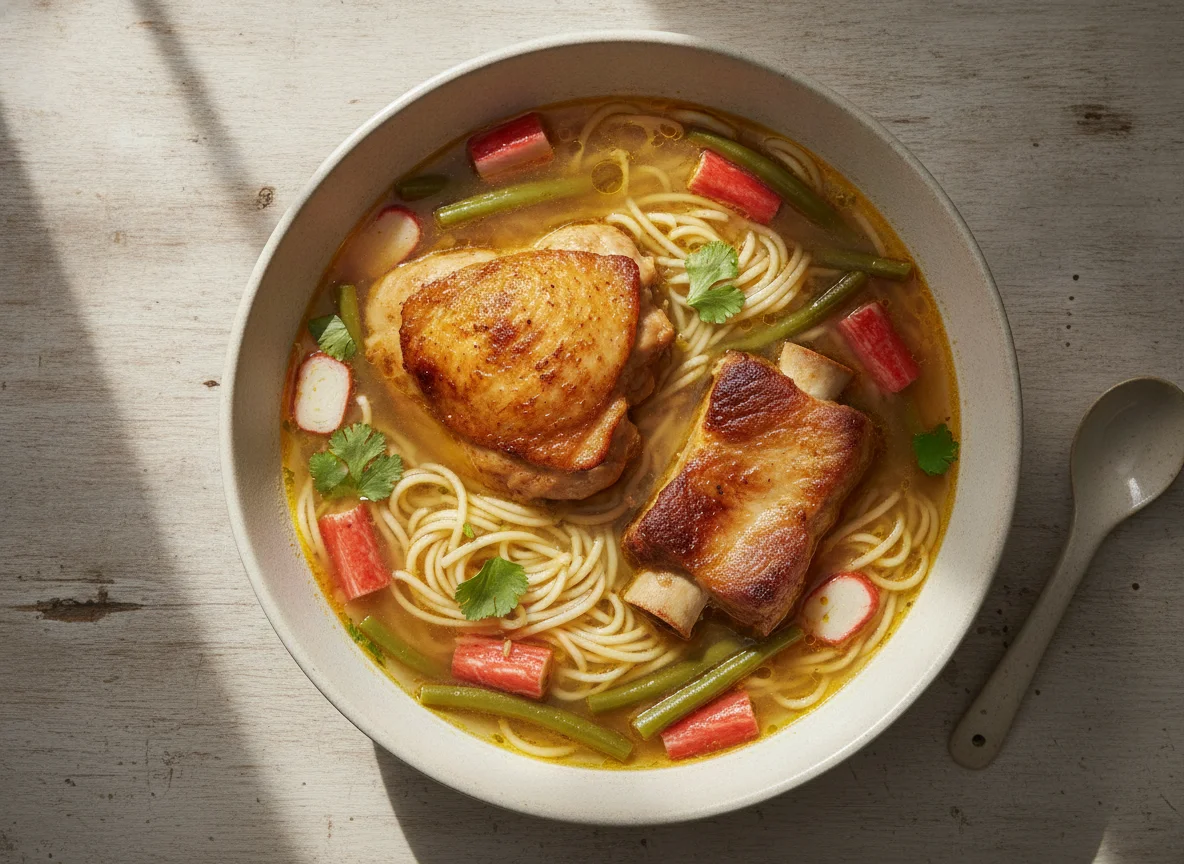 Sopa de fideos con pollo, costilla de cerdo y surimi photo