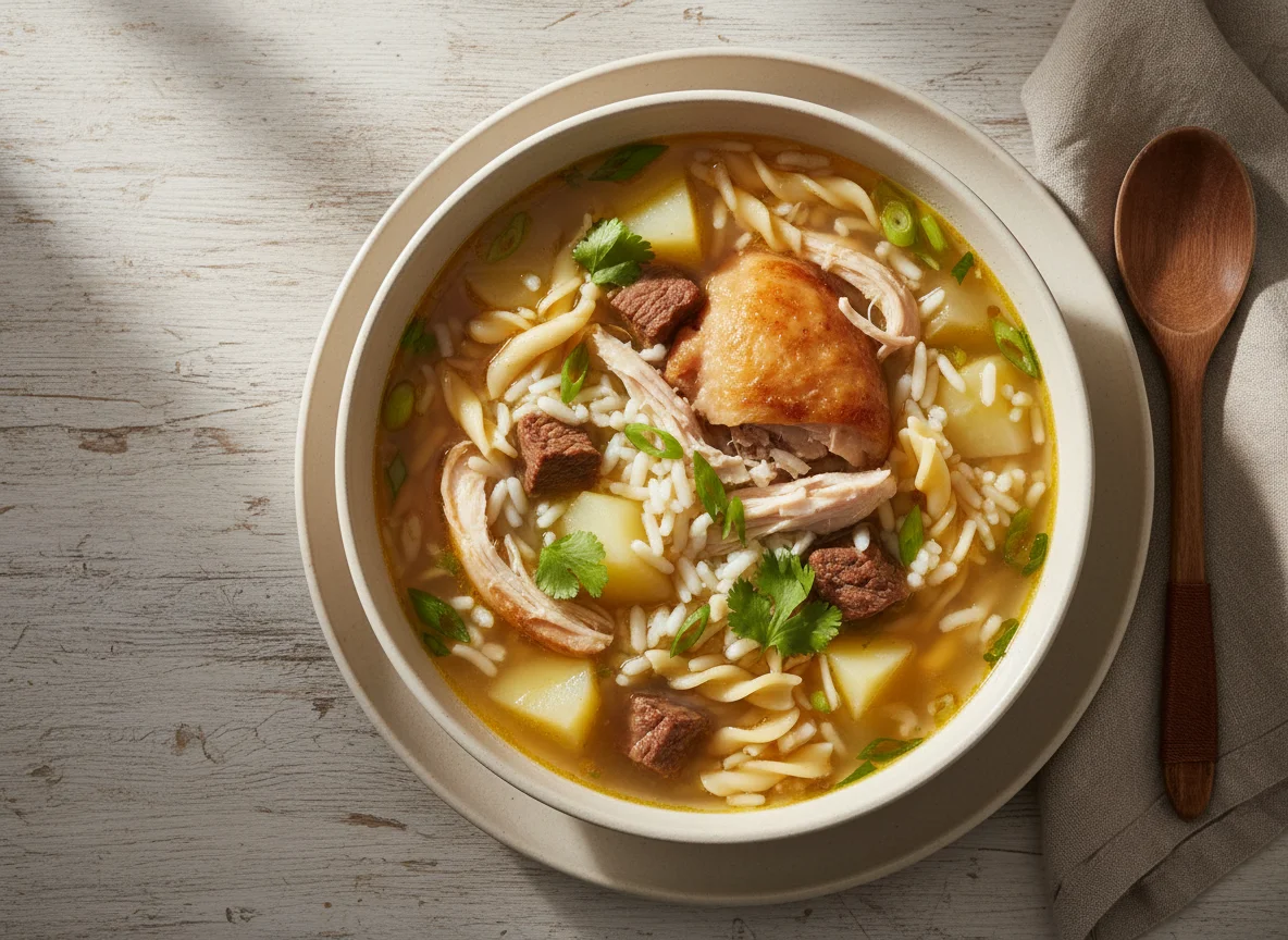Sopa de fideos con pollo y arroz photo