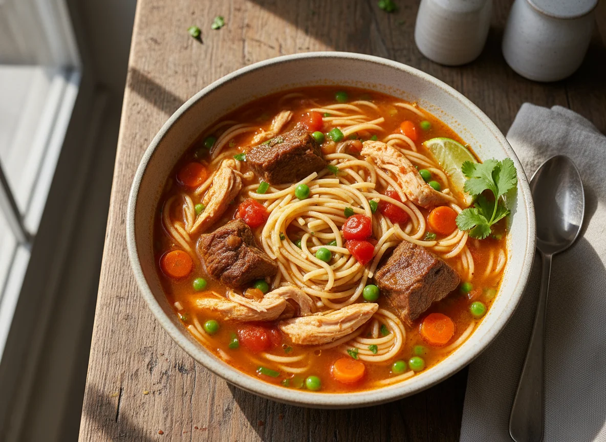 Sopa de fideos con pollo y carne photo