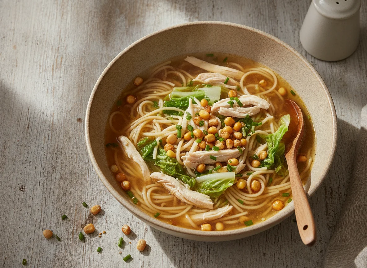 Sopa de fideos con pollo y maíz tostado photo
