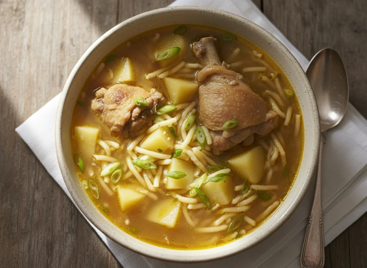 Sopa de fideos con pollo y patatas photo