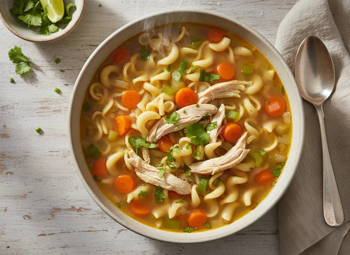 Sopa de fideos con pollo y vegetales photo