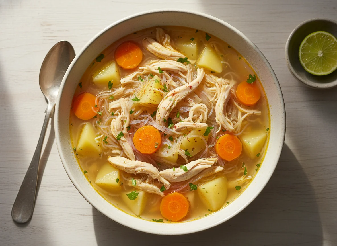 Sopa de fideos con pollo y verduras photo