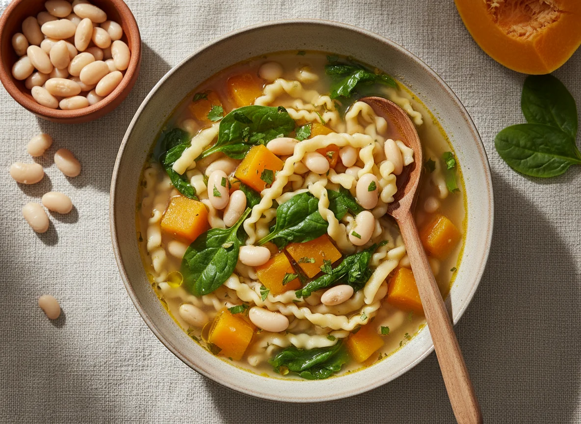 Sopa de fideos con porotos y verduras photo