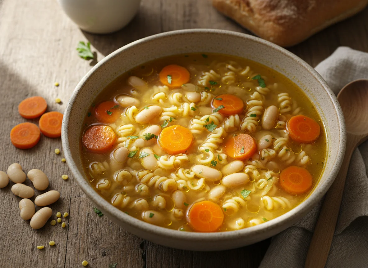 Sopa de fideos con porotos y zanahoria photo