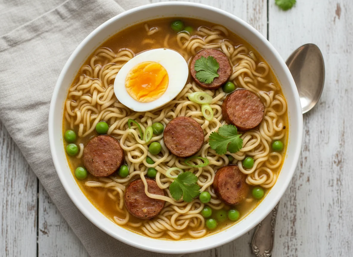 Sopa de fideos con salchicha y huevo photo
